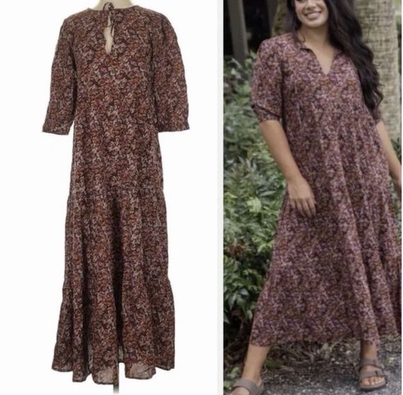 NATURAL LIFE Dresses & Skirts - NATURAL LIFE Auguste Boho Maxi Dress Brown Purple Floral Size L/XL Women's
